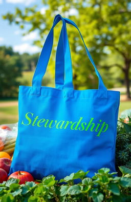 A vibrant blue eco-friendly bag designed with the word 'Stewardship' prominently displayed in elegant, green typography