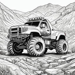 Black and white colouring book page featuring a highly detailed monster truck on a rugged landscape.