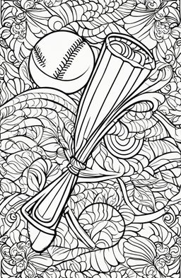 Coloring page with a baseball and bat.