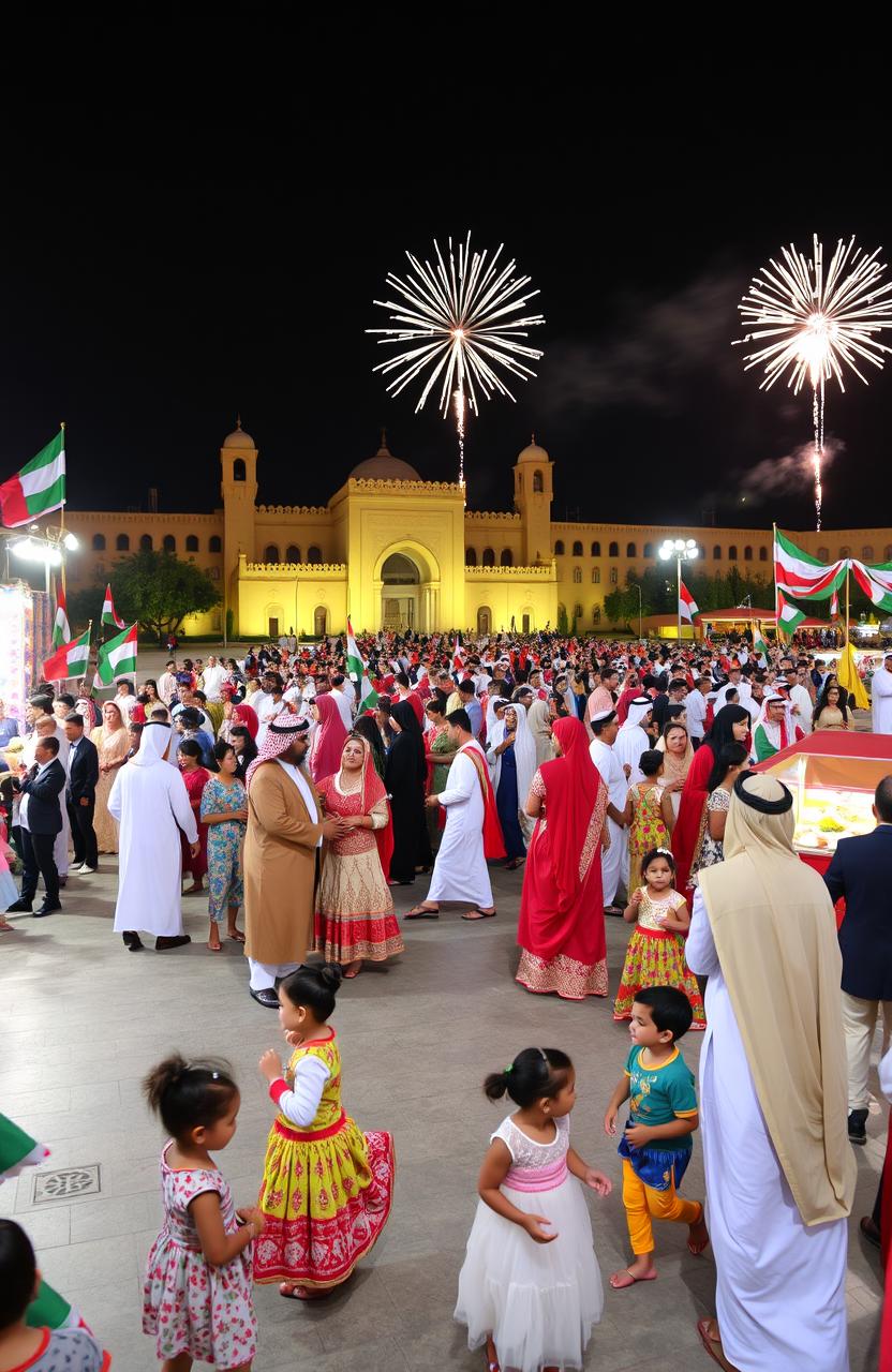 A vibrant celebration of Oman’s National Day, showcasing the dynamic energy of traditional dances and cultural displays in a public square