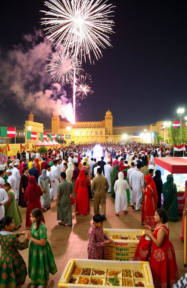 A vibrant celebration of Oman’s National Day, showcasing the dynamic energy of traditional dances and cultural displays in a public square