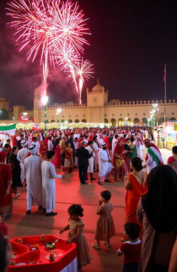 A vibrant celebration of Oman’s National Day, showcasing the dynamic energy of traditional dances and cultural displays in a public square
