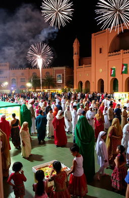 A vibrant celebration of Oman’s National Day, showcasing the dynamic energy of traditional dances and cultural displays in a public square