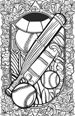 Coloring page with a baseball and bat.