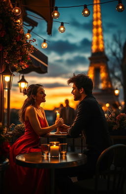 A romantic scene in a quaint Parisian café during sunset, where a couple enjoys intimate conversation over a candlelit table