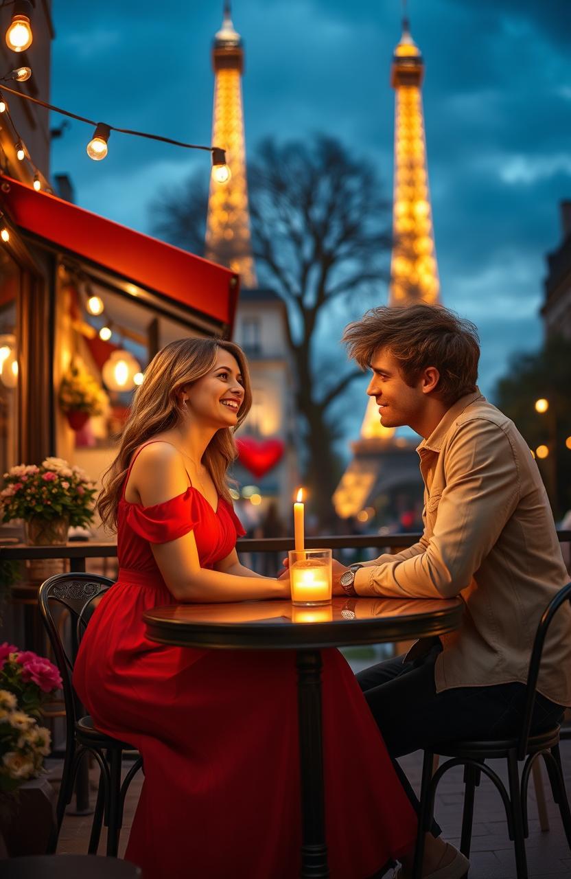 A romantic scene in a quaint Parisian café during sunset, where a couple enjoys intimate conversation over a candlelit table