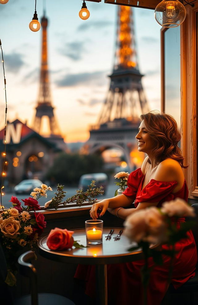 A romantic scene in a quaint Parisian café during sunset, where a couple enjoys intimate conversation over a candlelit table