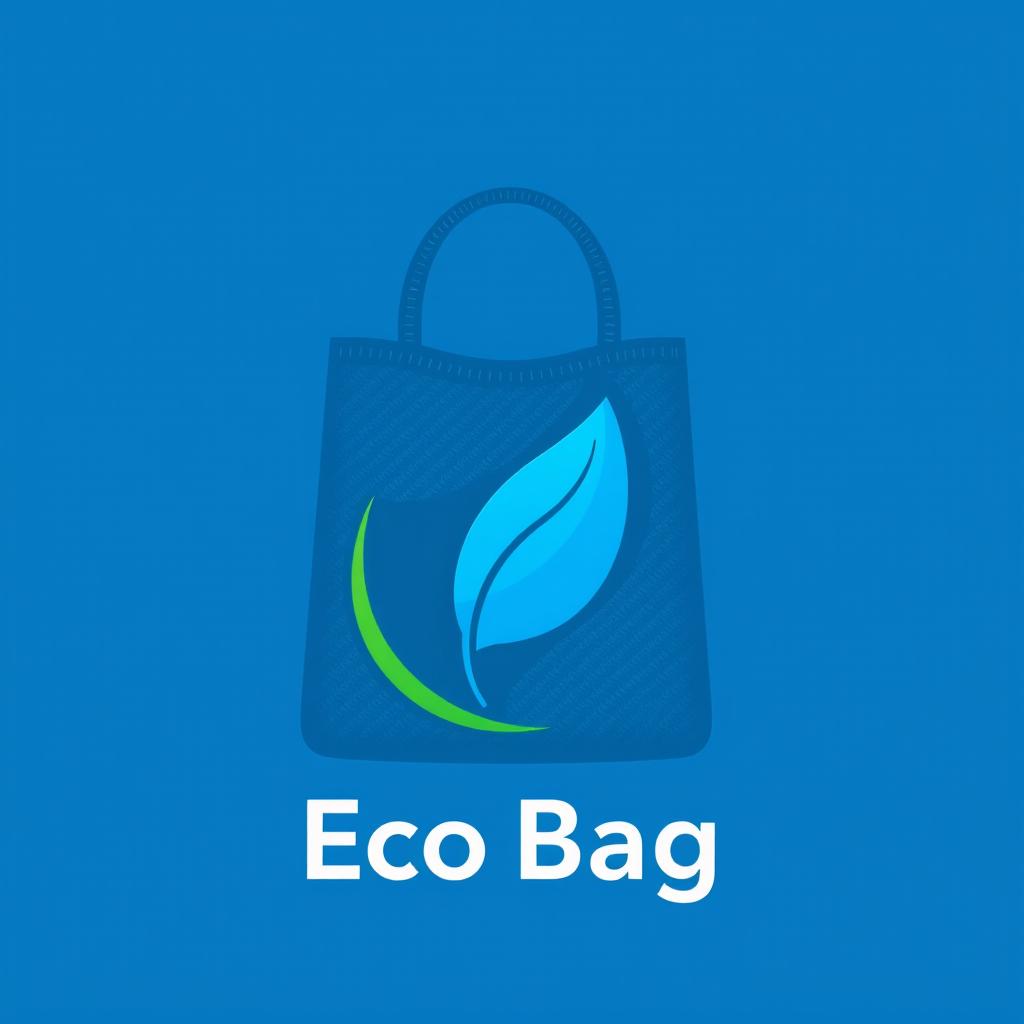 A contemporary logo design for a blue eco-friendly bag, featuring a stylized blue leaf artfully integrated with a reusable shopping bag silhouette