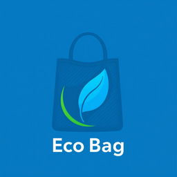 A contemporary logo design for a blue eco-friendly bag, featuring a stylized blue leaf artfully integrated with a reusable shopping bag silhouette