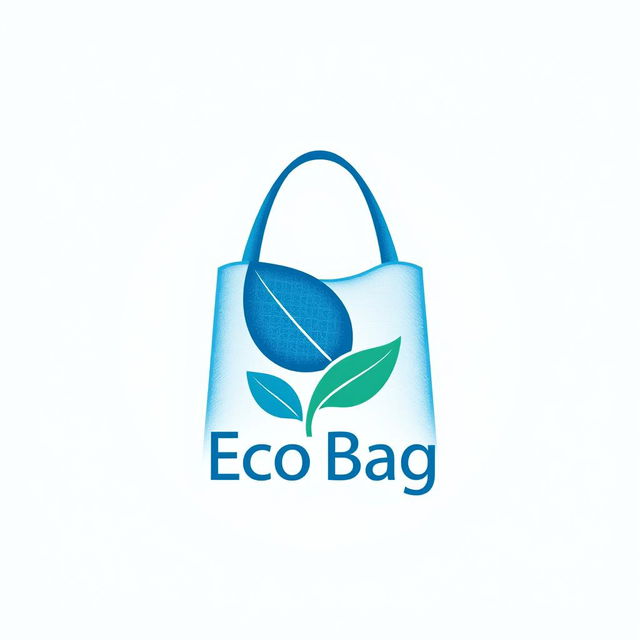 A contemporary logo design for a blue eco-friendly bag, featuring a stylized blue leaf artfully integrated with a reusable shopping bag silhouette