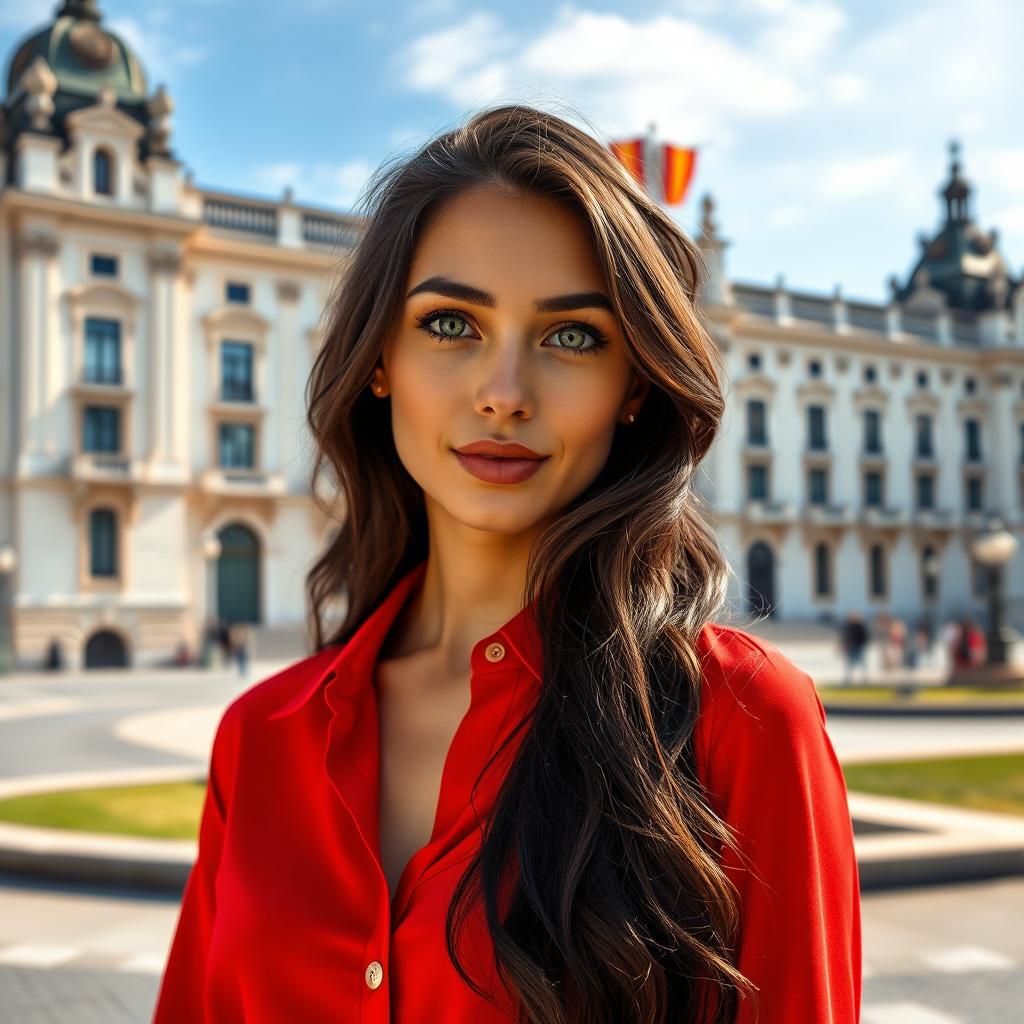 A full-body portrait of a 35-year-old woman standing near the Royal Palace in Madrid, wearing a stylish red shirt that contrasts beautifully with her tanned skin