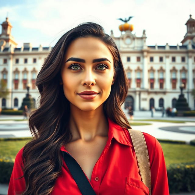 A full-body portrait of a 35-year-old woman standing near the Royal Palace in Madrid, wearing a stylish red shirt that contrasts beautifully with her tanned skin