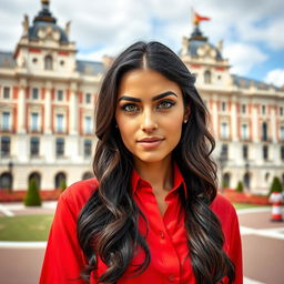 A full-body portrait of a 35-year-old woman standing near the Royal Palace in Madrid, wearing a stylish red shirt that contrasts beautifully with her tanned skin