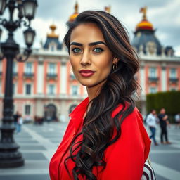A full-body portrait of a 35-year-old woman standing near the Royal Palace in Madrid, wearing a vibrant red shirt that highlights her tanned skin