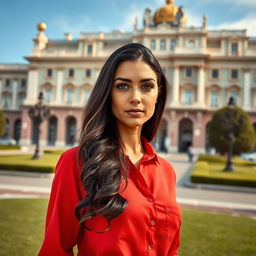 A full-body portrait of a 35-year-old woman standing near the Royal Palace in Madrid, wearing a vibrant red shirt that highlights her tanned skin