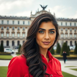 A full-body portrait of a 35-year-old woman standing near the Royal Palace in Madrid, wearing a vibrant red shirt that highlights her tanned skin