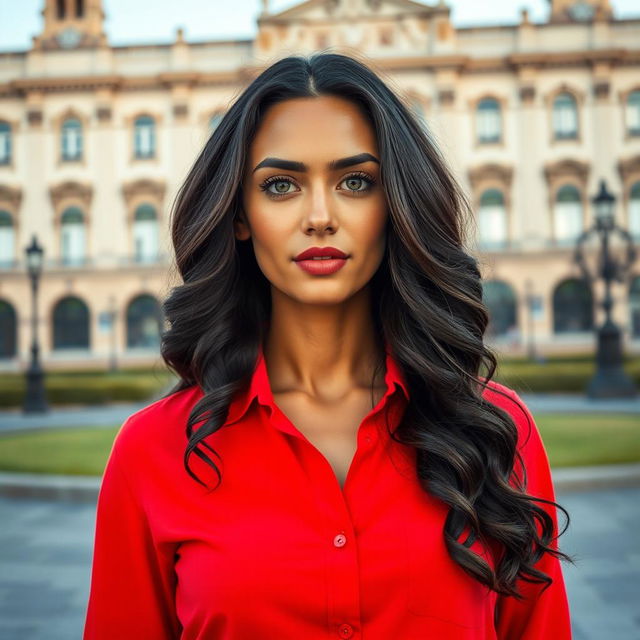 A full-body portrait of a 35-year-old woman standing near the Royal Palace in Madrid, wearing a vibrant red shirt that highlights her tanned skin