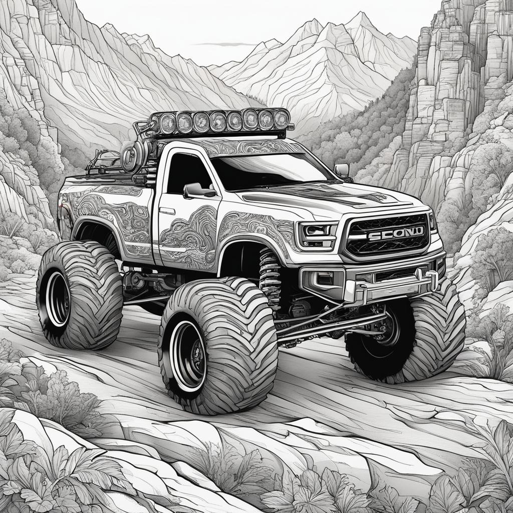 Black and white colouring book page featuring a highly detailed second monster truck on a challenging terrain.