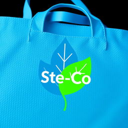 A modern logo design for a blue bag, featuring a stylized blue leaf intertwined with a reusable shopping bag silhouette