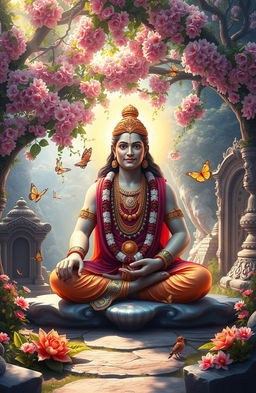 A serene and majestic depiction of Bhagavan sitting in a meditative pose, surrounded by a lush and vibrant landscape filled with beautiful flowering trees, intricate stone carvings, and soft rays of sunlight filtering through the leaves