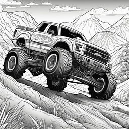 Black and white colouring book page featuring a highly detailed second monster truck on a challenging terrain.