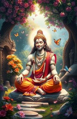 A serene and majestic depiction of Bhagavan sitting in a meditative pose, surrounded by a lush and vibrant landscape filled with beautiful flowering trees, intricate stone carvings, and soft rays of sunlight filtering through the leaves