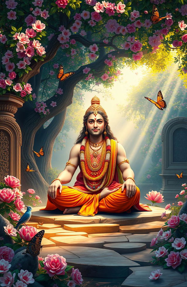 A serene and majestic depiction of Bhagavan sitting in a meditative pose, surrounded by a lush and vibrant landscape filled with beautiful flowering trees, intricate stone carvings, and soft rays of sunlight filtering through the leaves