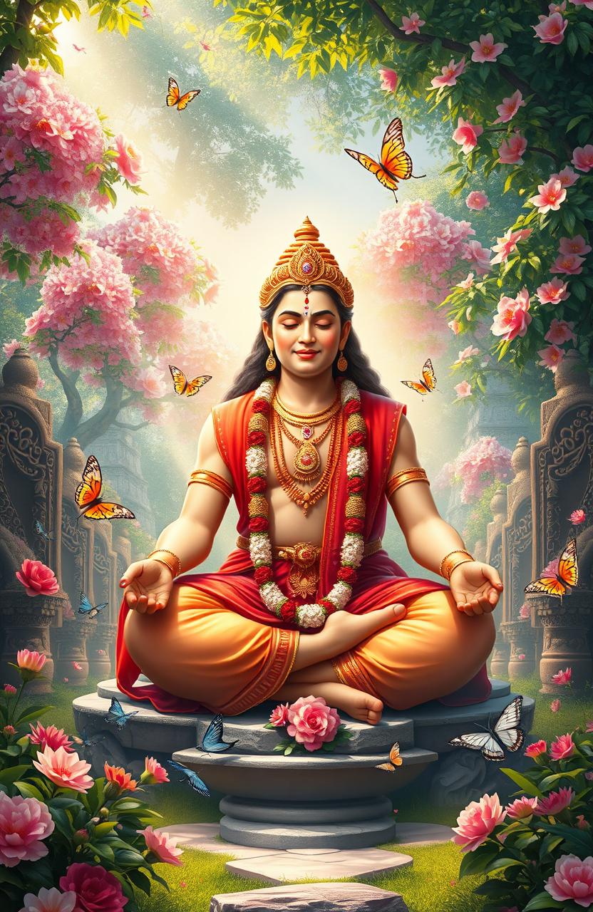 A serene and majestic depiction of Bhagavan sitting in a meditative pose, surrounded by a lush and vibrant landscape filled with beautiful flowering trees, intricate stone carvings, and soft rays of sunlight filtering through the leaves