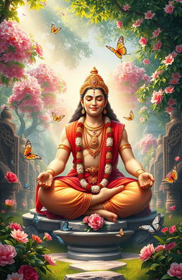 A serene and majestic depiction of Bhagavan sitting in a meditative pose, surrounded by a lush and vibrant landscape filled with beautiful flowering trees, intricate stone carvings, and soft rays of sunlight filtering through the leaves