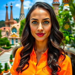 A full-body portrait of a 35-year-old woman standing in vibrant attire, wearing a bright shirt while enjoying the artistic surroundings of Park Güell in Barcelona