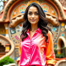 A full-body portrait of a 35-year-old woman standing in vibrant attire, wearing a bright shirt while enjoying the artistic surroundings of Park Güell in Barcelona