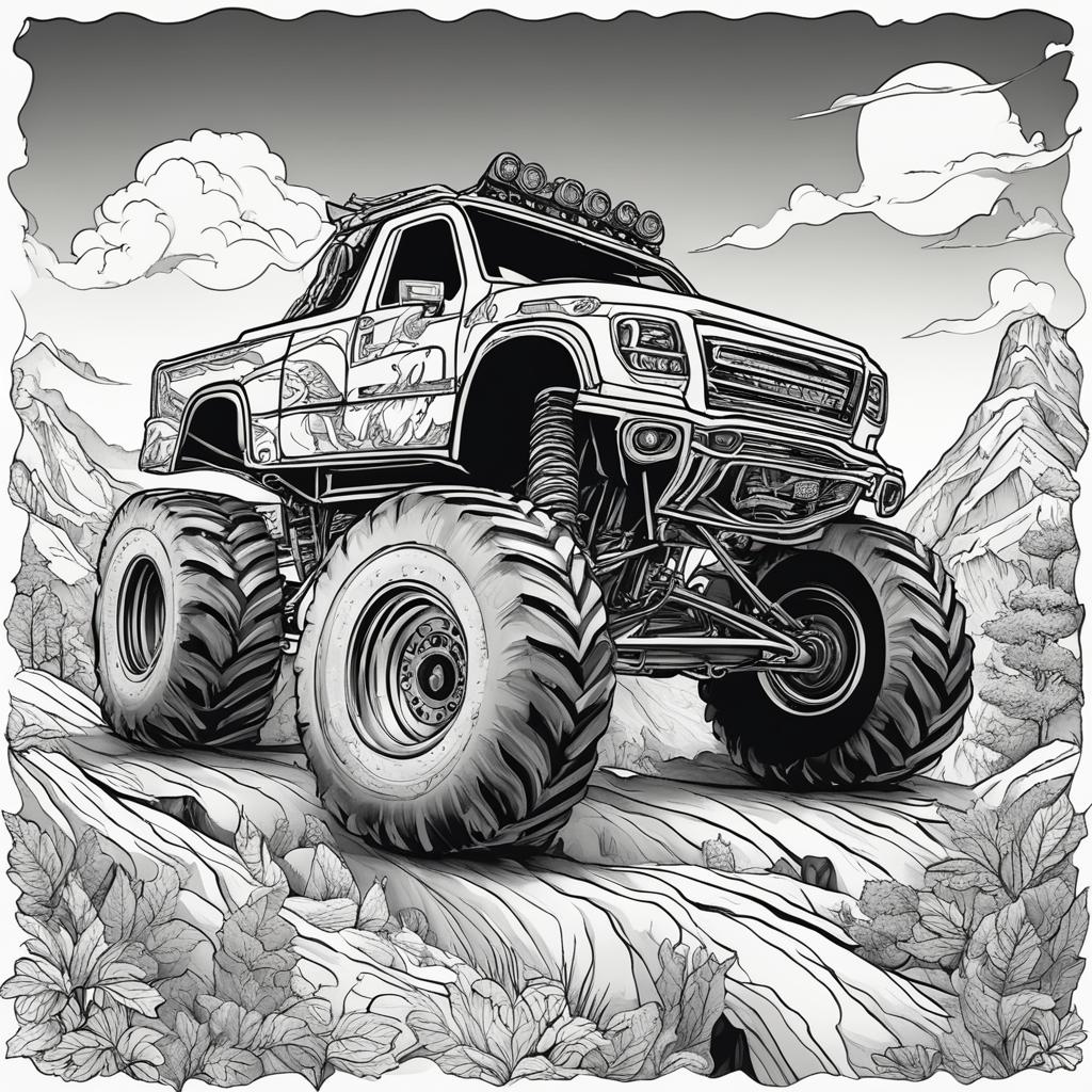 Black and white colouring book page featuring a highly detailed second monster truck on a challenging terrain.