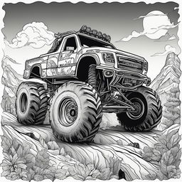 Black and white colouring book page featuring a highly detailed second monster truck on a challenging terrain.