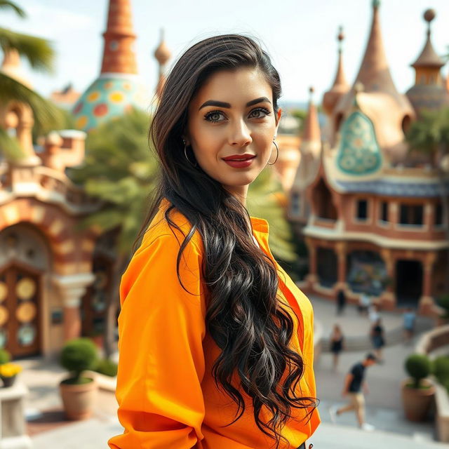 A full-body portrait of a 35-year-old woman standing in vibrant attire, wearing a bright shirt while enjoying the artistic surroundings of Park Güell in Barcelona