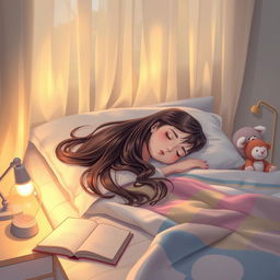A peaceful scene of a girl sleeping soundly in her bedroom