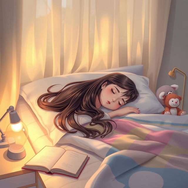 A peaceful scene of a girl sleeping soundly in her bedroom