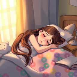 A peaceful scene of a girl sleeping soundly in her bedroom