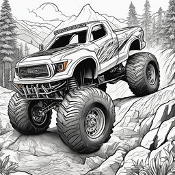 Black and white colouring book page featuring a highly detailed second monster truck on a challenging terrain.