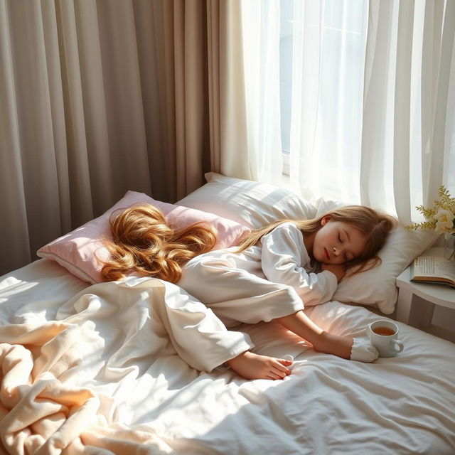 A serene and peaceful scene of a girl peacefully sleeping in her bedroom