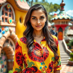 A full-body portrait of a 35-year-old woman standing in a bright, colorful shirt amidst the artistic setting of Park Güell in Barcelona