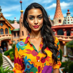 A full-body portrait of a 35-year-old woman standing in a bright, colorful shirt amidst the artistic setting of Park Güell in Barcelona
