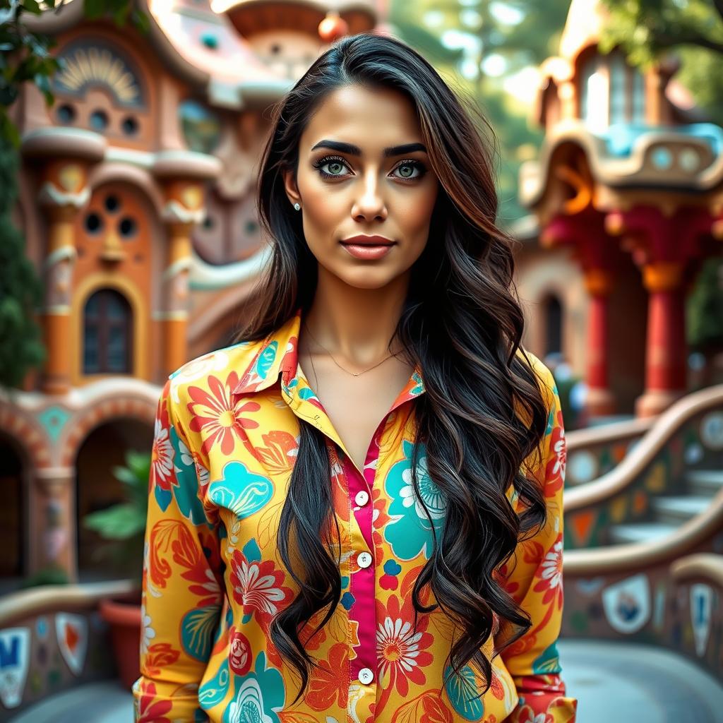 A full-body portrait of a 35-year-old woman standing in a bright, colorful shirt amidst the artistic setting of Park Güell in Barcelona