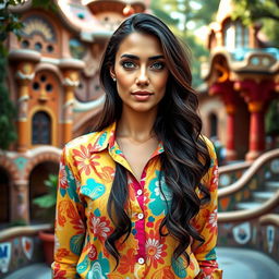 A full-body portrait of a 35-year-old woman standing in a bright, colorful shirt amidst the artistic setting of Park Güell in Barcelona