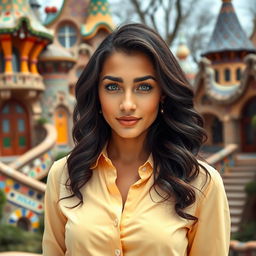 A full-body portrait of a 35-year-old woman posing in Park Güell, dressed in a stylish shirt that complements the vibrant colors of her surroundings