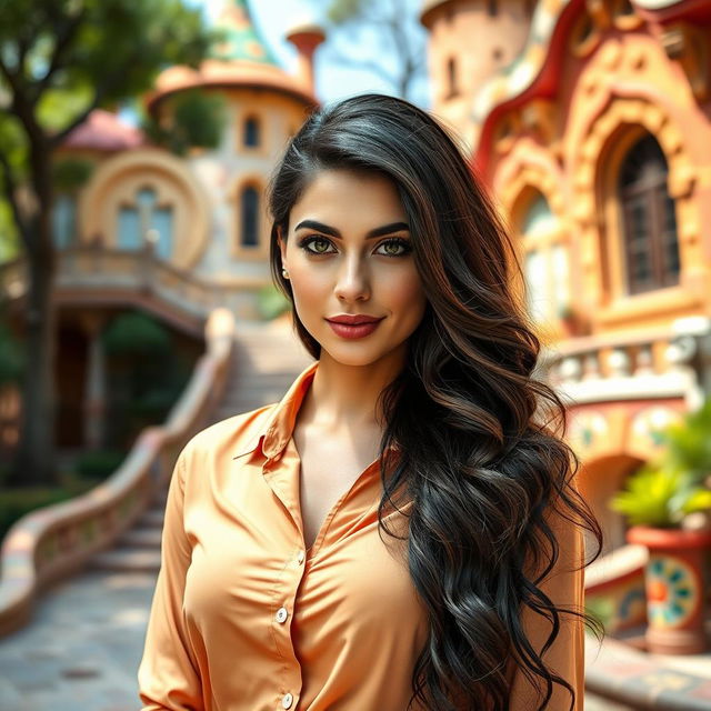 A full-body portrait of a 35-year-old woman posing in Park Güell, dressed in a stylish shirt that complements the vibrant colors of her surroundings