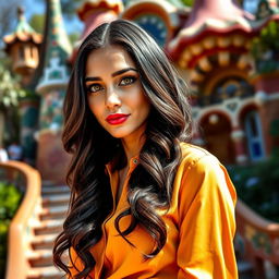 A full-body portrait of a 35-year-old woman posing in Park Güell, dressed in a stylish shirt that complements the vibrant colors of her surroundings