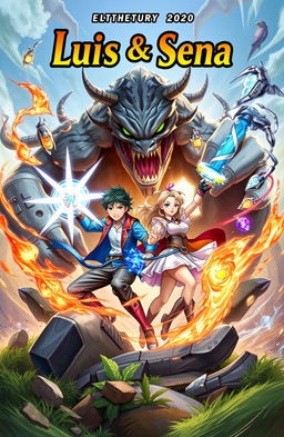 A vibrant book cover depicting two heroic characters, Luis and Sena, in an action-packed scene fighting against a formidable monster