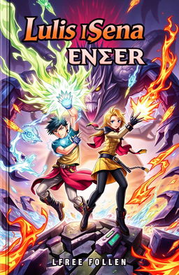 A vibrant book cover depicting two heroic characters, Luis and Sena, in an action-packed scene fighting against a formidable monster