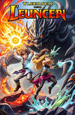 A vibrant book cover depicting two heroic characters, Luis and Sena, in an action-packed scene fighting against a formidable monster