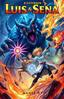 A vibrant book cover depicting two heroic characters, Luis and Sena, in an action-packed scene fighting against a formidable monster
